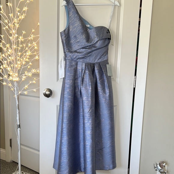 Kay Unger Asymmetrical Ruched Smoke Blue One-Shoulder Dress 8/ NWT - Picture 3 of 14